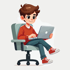 a boy is using his laptop vector