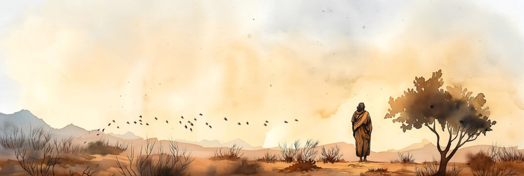 In a vast desert, John the Baptist wanders in solitude among soft earth tones, surrounded by locusts and wild honey. The dramatic sky hints at a divine presence as he reflects