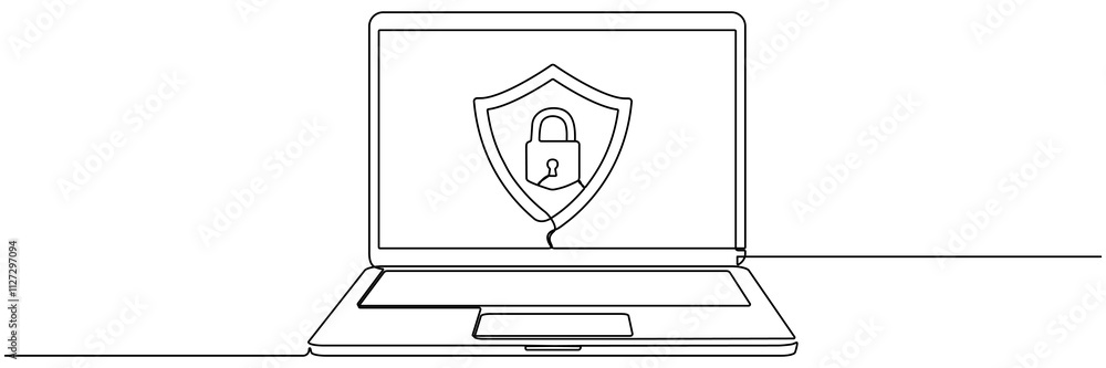 Poster open laptop with closed padlock and shield badge continuous line drawing. protect and security symbo
