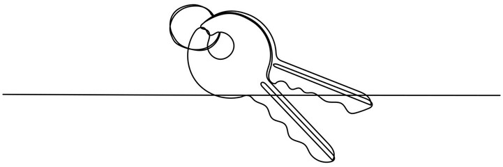 Keys continuous line drawing. Private security object. Vector hand drawn illustration isolated on white