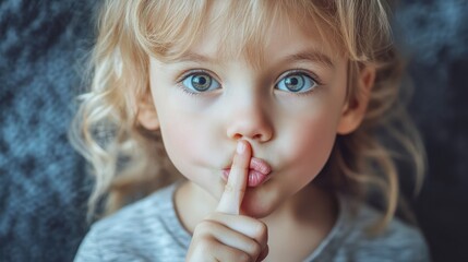 Cute little child with finger on lips making a silent gesture. Shh concept, be quiet