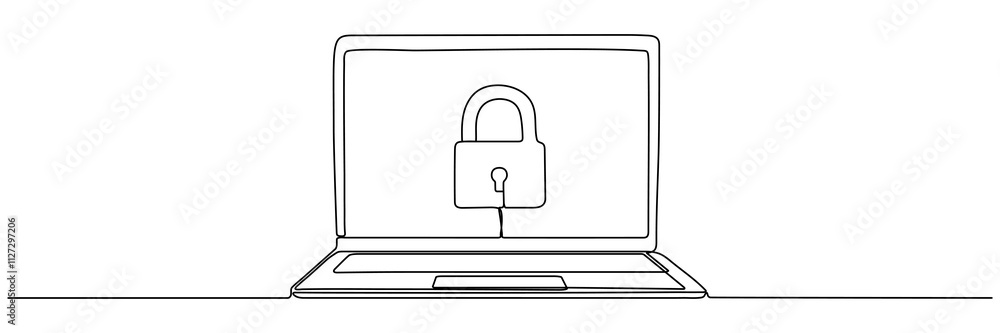 Poster open laptop with closed padlock continuous line drawing. protect and security symbol on computer scr