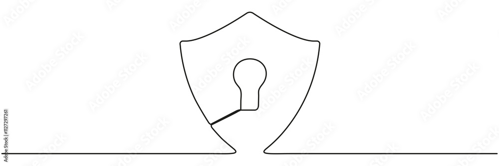 Poster guard badge with keyhole inside continuous line drawing. protect and security concept. vector hand d