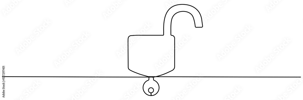 Poster unlocked padlock with key continuous line drawing. open security symbol. vector illustration isolate