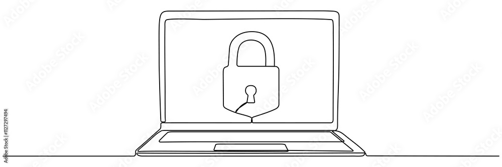 Poster open laptop with closed padlock continuous line drawing. protect and security symbol on computer scr