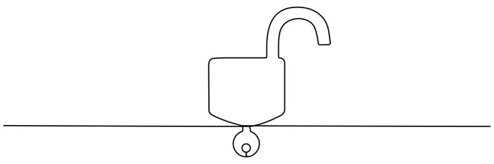Unlocked padlock with key continuous line drawing. Open security symbol. Vector illustration isolated on white.