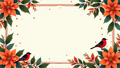 Illustration with red poinsettia and snowfinches, Christmas card frame, light background, space for text.