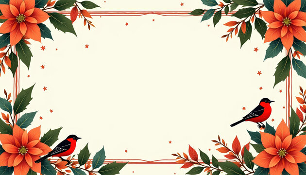 Illustration with red poinsettia and snowfinches, Christmas card frame, light background, space for text.