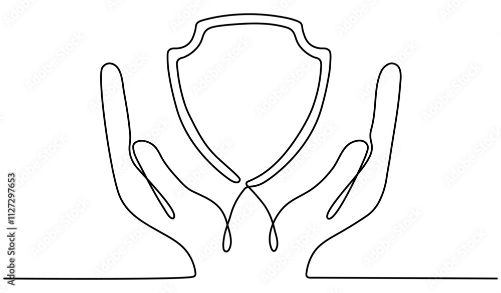 Poster shield badge in hands continuous one line drawing. guard security linear symbol. vector illustration