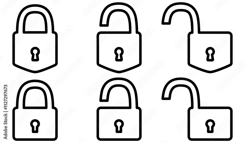 Poster closed and open line padlock collection. locked and unlocked outline icon set. privacy and security 