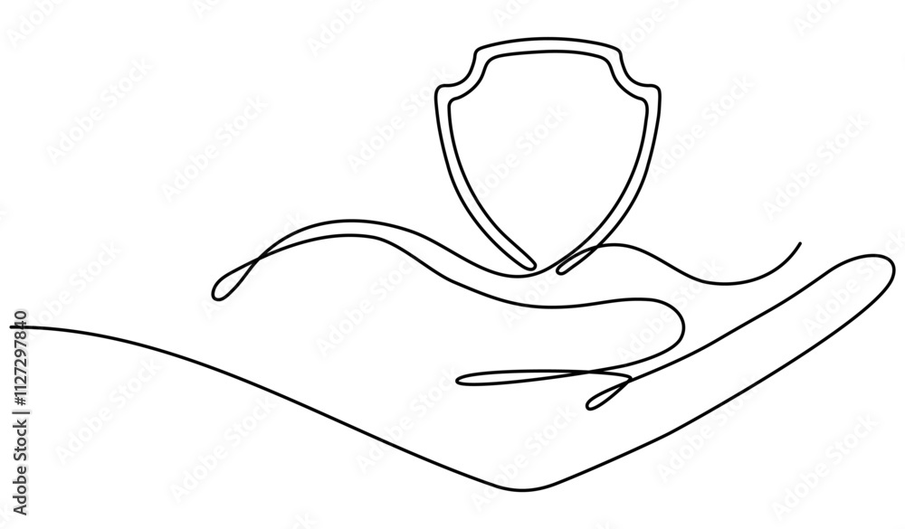 Poster shield badge in hand continuous line drawing. guard security linear symbol in arm. vector illustrati