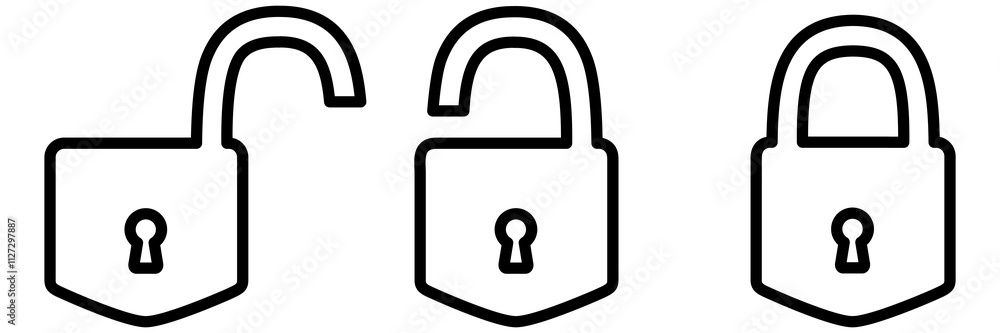 Poster locked and unlocked line icon set. closed and open outline padlock collection. privacy and security 