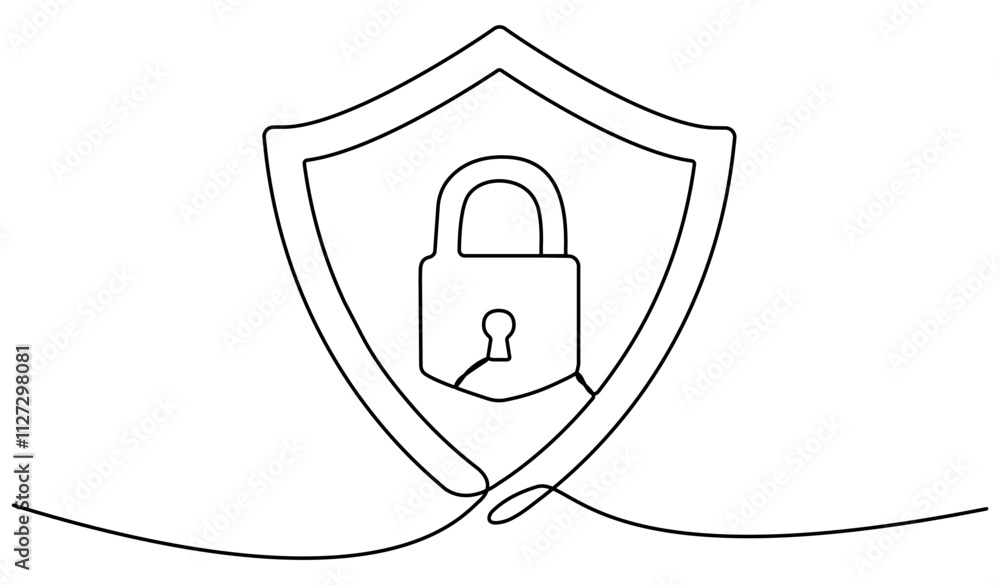 Poster guard badge with padlock inside continuous line drawing. protect and security concept. vector hand d