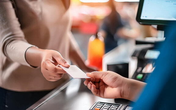 cajero y cliente comprador de supermercado entrega tarjeta credito debito, transaccion comercial, mockup style