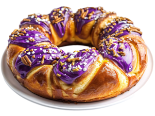 a round pastry with purple frosting and sprinkles on a white plate