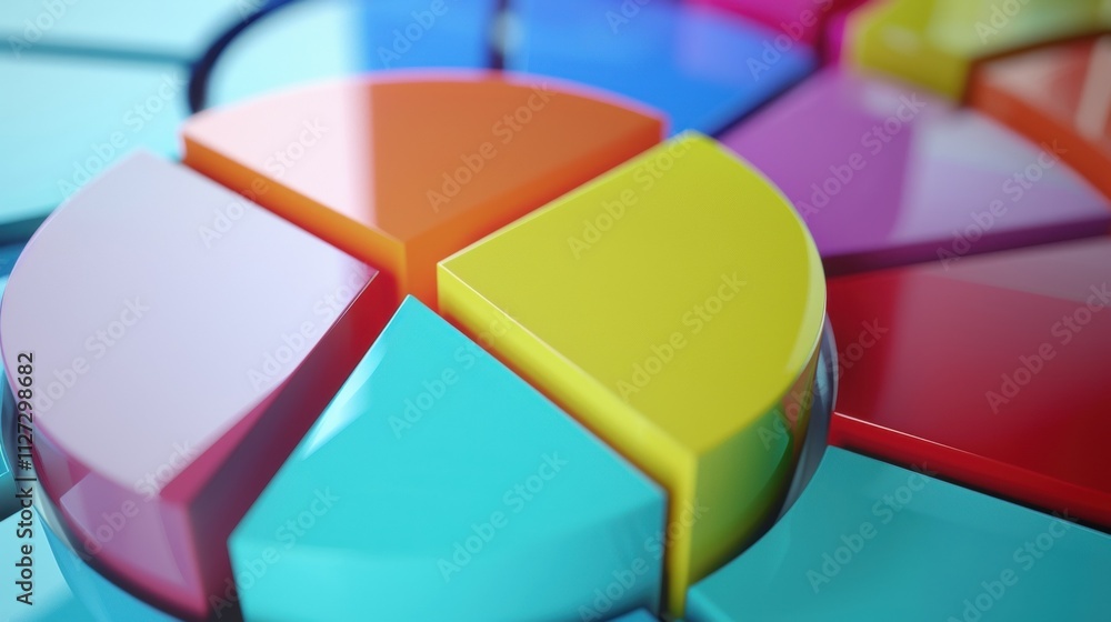 Poster vibrant three dimensional pie charts illustrating data analysis and market research, offering engagi
