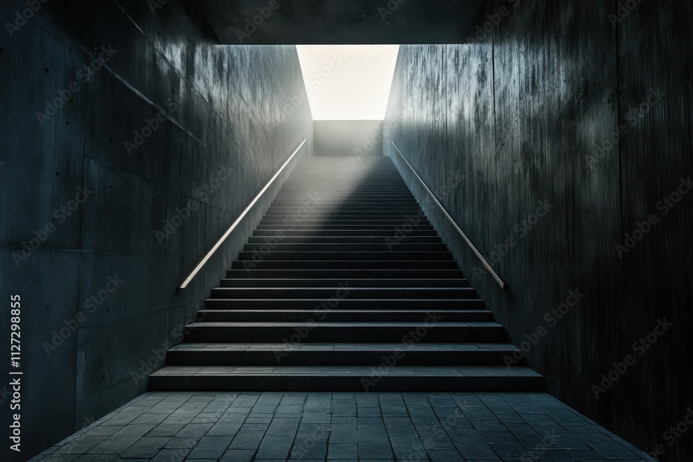 Poster light illuminates concrete steps leading to an open exit in a minimalistic urban setting