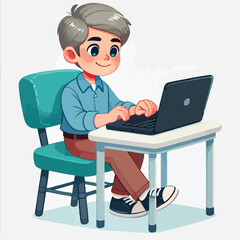 a boy is using his laptop vector