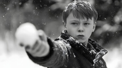 A young boy aiming a snowball with determination during a snowy duel.