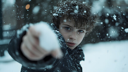 A young boy aiming a snowball with determination during a snowy duel.