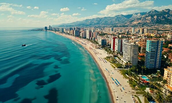 Aerial View of Coastal City with Turquoise Waters and Sandy Beach