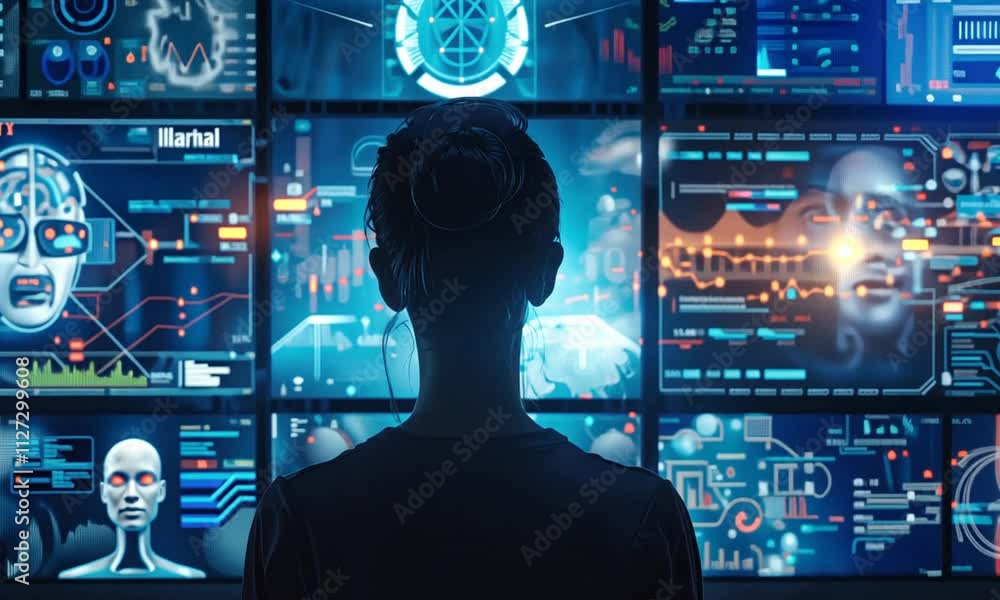Poster backview on a woman observing digital screens with robotic elements and ai intelligence substitution