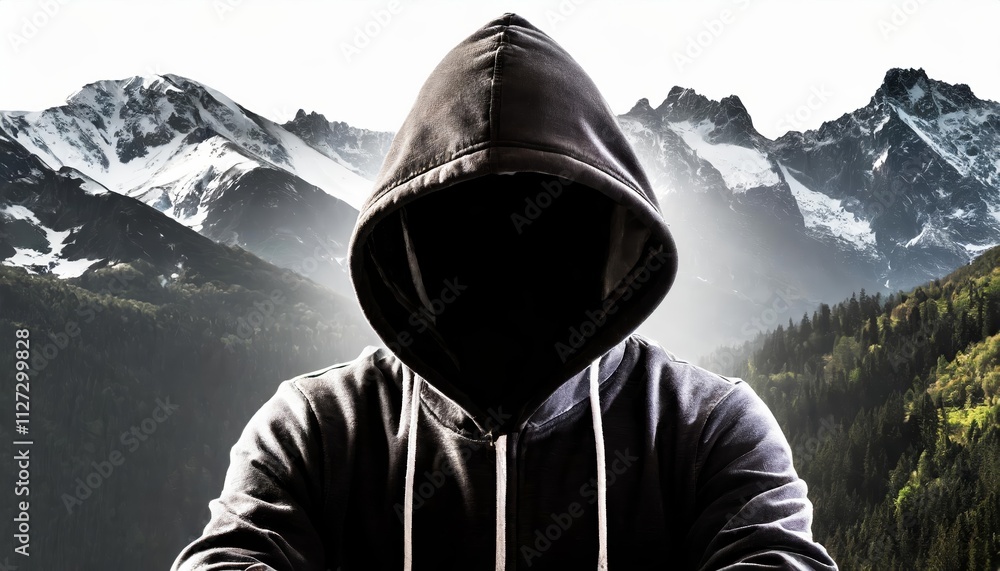Poster mysterious hacker in the hood silhouette against a dark background isolated on white a symbol of cyb