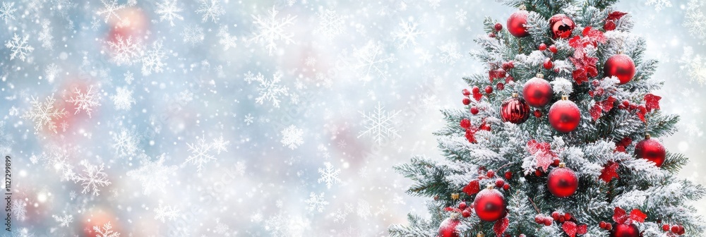 Aufkleber a christmas tree adorned with red ornaments and snowflakes against a blurred background, creating a 