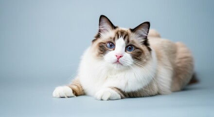 Obraz premium Ragdoll cat with striking blue eyes and soft fluffy fur relaxing on minimalist background