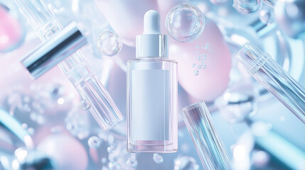 Transparent glass bottle with white label of skin care product, surrounded by transparent tubes and bubbles in an industrial laboratory setting on pink and blue tones
