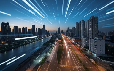 Obraz premium long shot of a modern city at night, with a digital overlay suggesting data streams or network connections. 