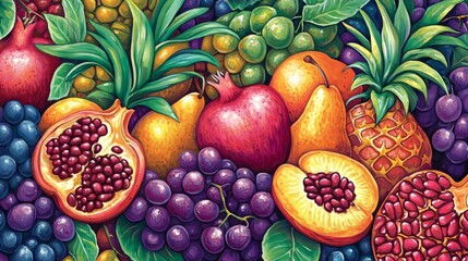 Pastel fruit illustration peach, grapes, pineapple, pomegranate, pear. Abstracted collage of fruit with patterns and textures