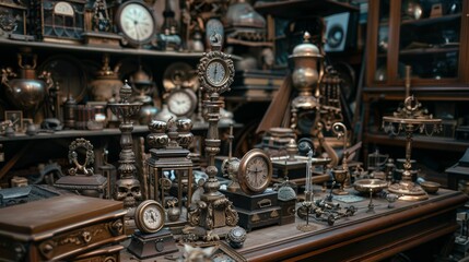 Antique clocks and vintage artifacts in a collector's workshop