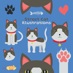 Street Cat - Cute Illustrations in Different Poses, Sitting, Side, Head, Paw and Ears. Cartoon in Flat Design.