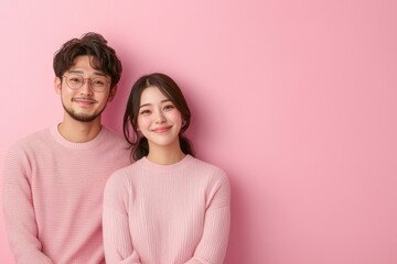 Fototapeta premium Couple posing together pink background portrait photography studio setting close-up love and connection theme