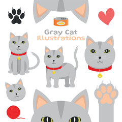 Gray Cat - Cute Illustrations in Different Poses, Sitting, Side, Head, Paw and Ears. Cartoon in Flat Design.