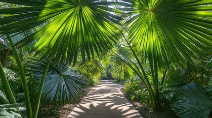 Fototapeta premium Layered Palm Fronds Create a Natural Canopy With Soft Shadows in a Tranquil Garden Path