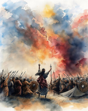 In this striking representation, Deborah commands the Israelite forces with conviction, as Jael drives a tent peg into the ground against a backdrop of tumultuous skies and swirling colors