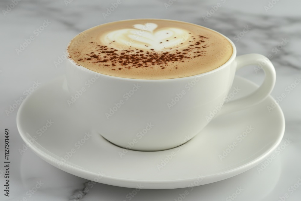 Poster close-up of a cappuccino with latte art on a minimalist white saucer on a diffused lighting concrete