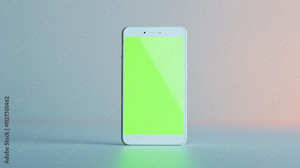 Poster white smartphone displayed with a vibrant green screen on a minimalist background for digital conten