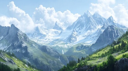 Fototapeta premium A serene landscape featuring majestic snow-capped mountains and lush green valleys.