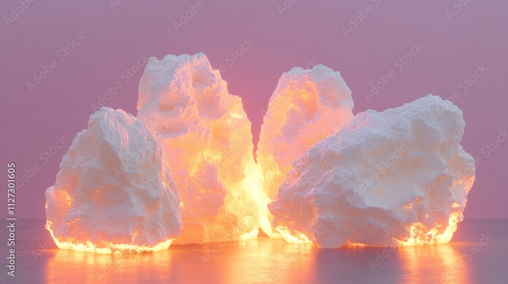 Poster neon illuminated white stones against a pastel background creating a modern abstract art composition