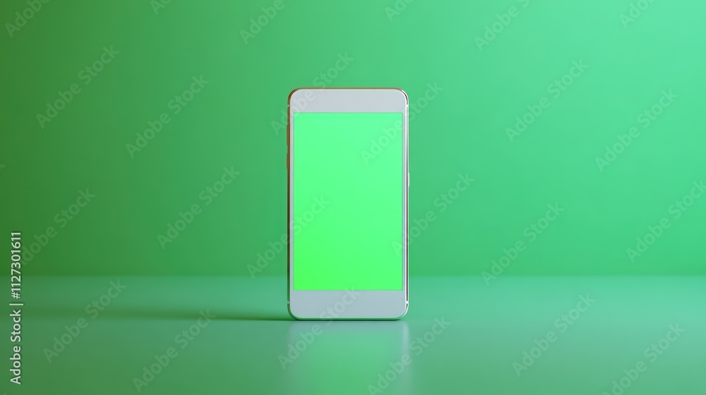 Poster white smartphone displaying a vibrant green screen on a smooth green background showcasing modern te