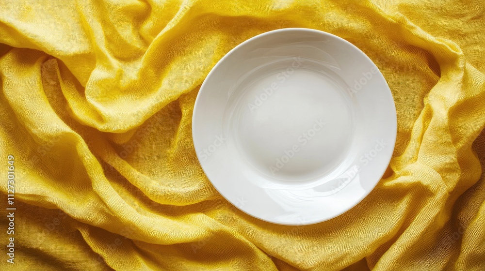 Poster empty white round plate on a vibrant yellow cloth background in top view showcasing simplicity and e