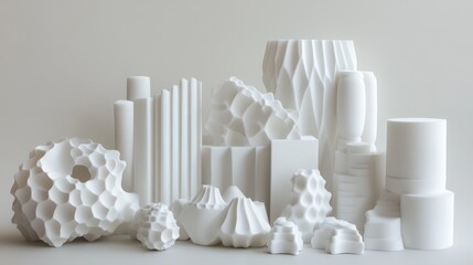 Variety of white styrofoam packing shapes displayed together on a neutral background, emphasizing texture and form, packing material, transport solutions, creative design.