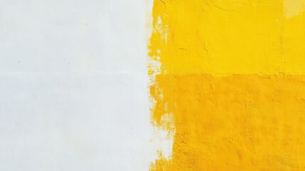 Wall renovation process showcasing a white wall partially coated in vibrant yellow paint with a paint roller for home improvement themes.