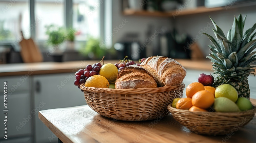 Poster wicker baskets filled with assorted bread and fresh fruits on a rustic wooden kitchen table in a mod