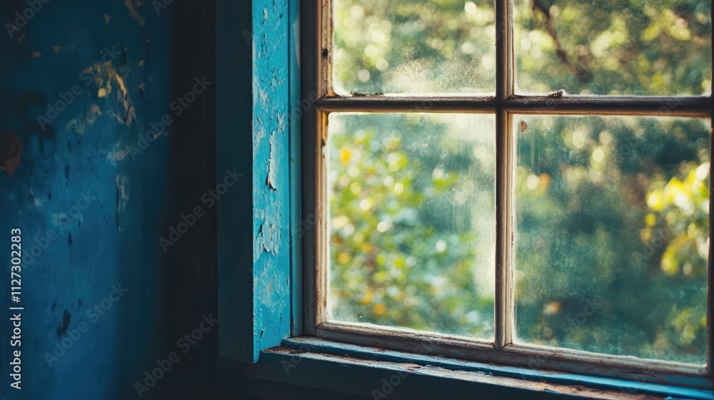 Poster rustic window frame showcasing natural light filtering through with lush greenery in the background 