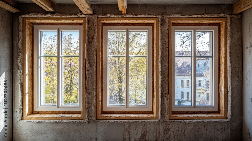 Poster windows framed in a modern house with insulated non-combustible materials showcasing a bright view o