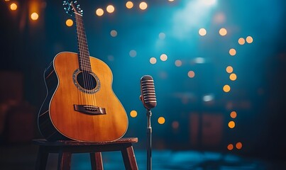 Naklejka premium empty stage with an acoustic guitar resting on a stool and a vintage mic on a stand